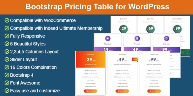 Bootstrap Pricing Table For WordPress