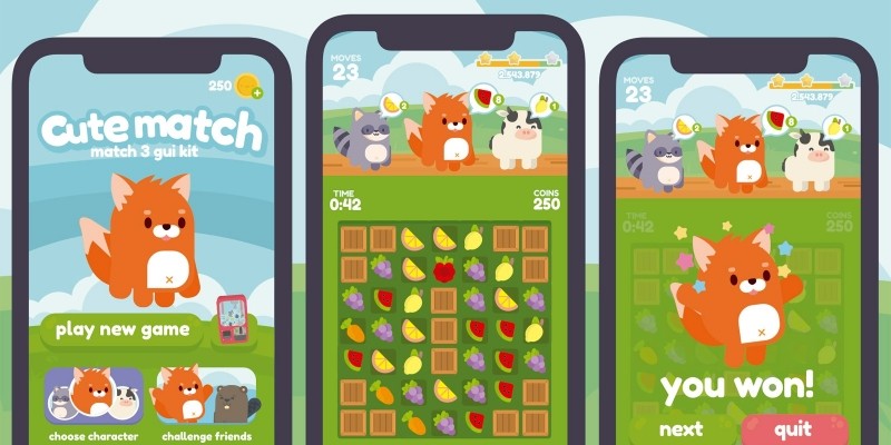 Cute Animals Match 3 Game Gui Assets