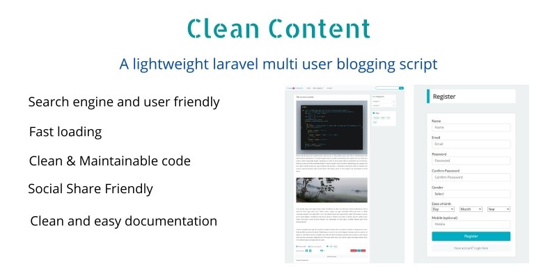 Clean Content Laravel 8 Multi User Blogging Script