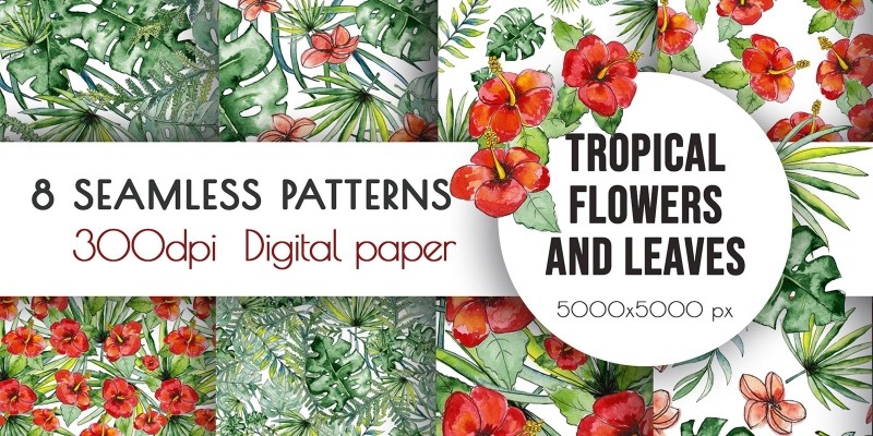 Watercolor Tropical Flowers Seamless Pattern