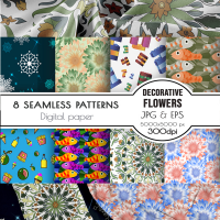 Seamless patterns - Flowers Food Snowflakes Fish