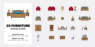20 Furniture Color Icon Set