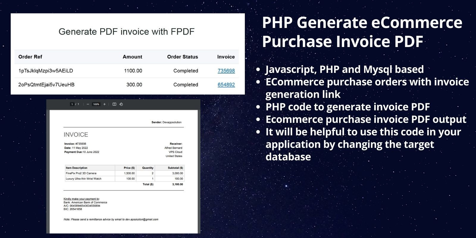 PHP Generate eCommerce Purchase Invoice PDF by Devappsolution | Codester