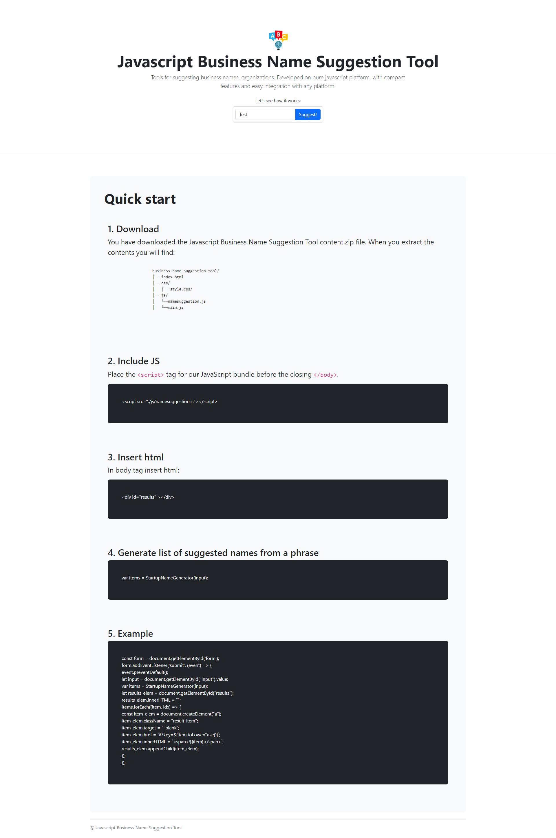 Javascript Business Name Suggestion Tool by Amazingcode | Codester