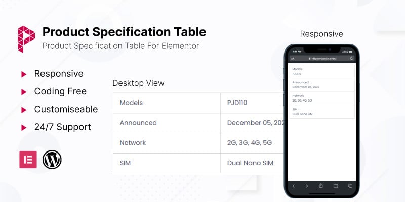 Product Specification Table For Elementor WP