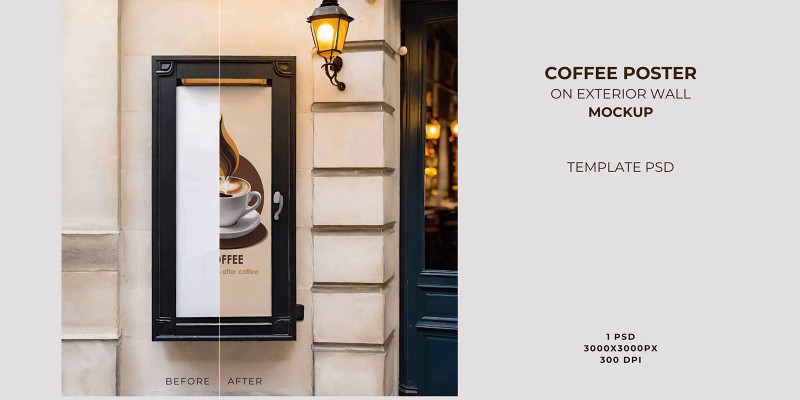 Coffee Poster on Exterior Wall Mockup PSD