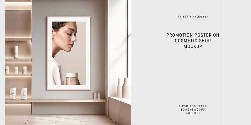 Promotion Poster on Cosmetic Shop Mockup PSD