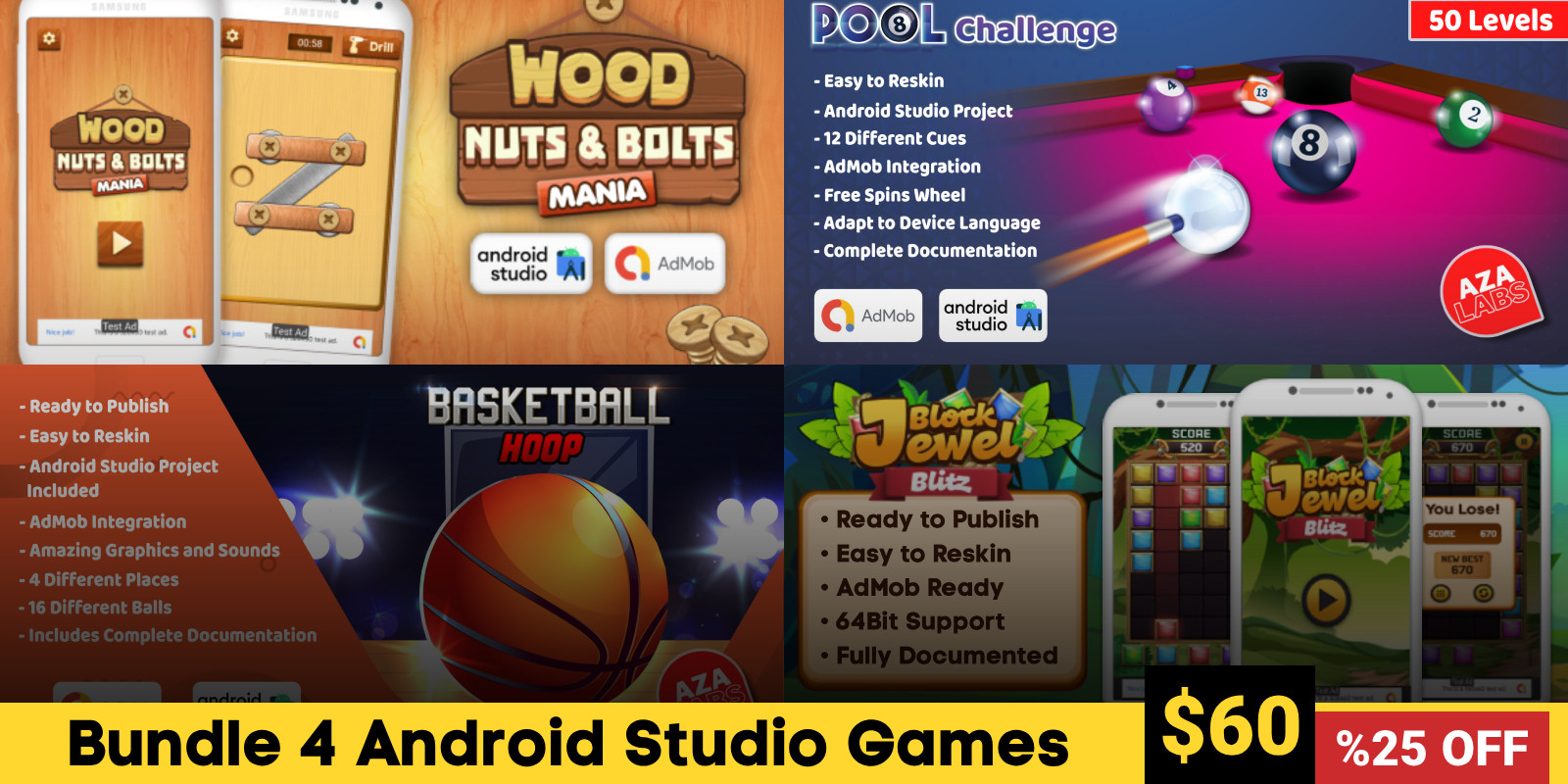 Bundle 4 Android Studio Games with AdMob Ads by AzaShop | Codester