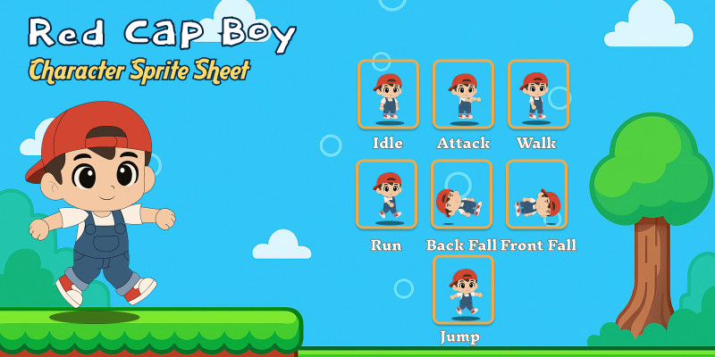 Red Cap Boy Character Sprite Sheet with 7 Animatio