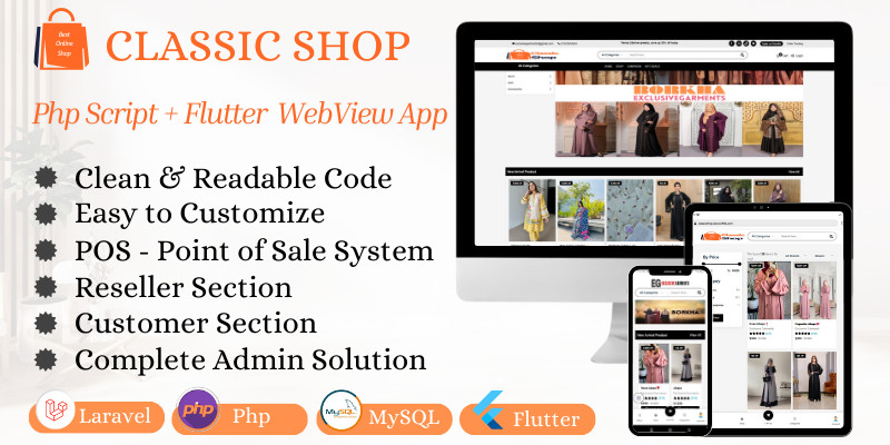 Classic Shop - PHP Script And Flutter Webview App
