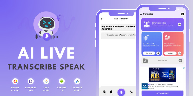 AI Live Transcribe Speak with AdMob FB Ads Android