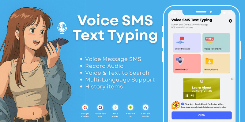 Voice SMS Text Typing with AdMob FB Ads Android