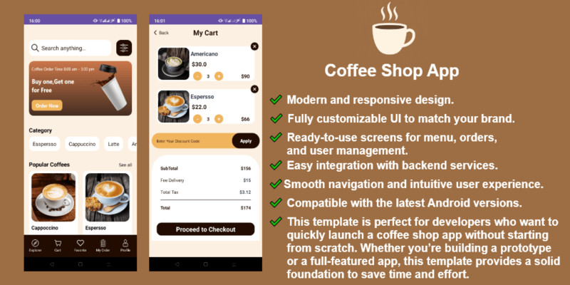 Coffee Shop App UI Kit - Android