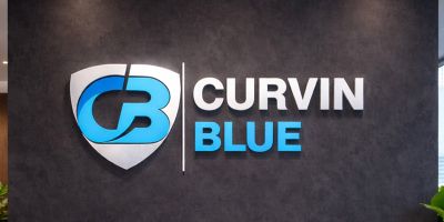 Curvin Blue Modern Shield Monogram Logo Design